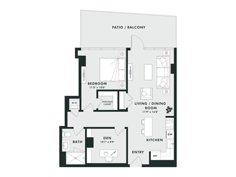 A floor plan of a small apartment with a bedroom, living room, kitchen, and bathroom.